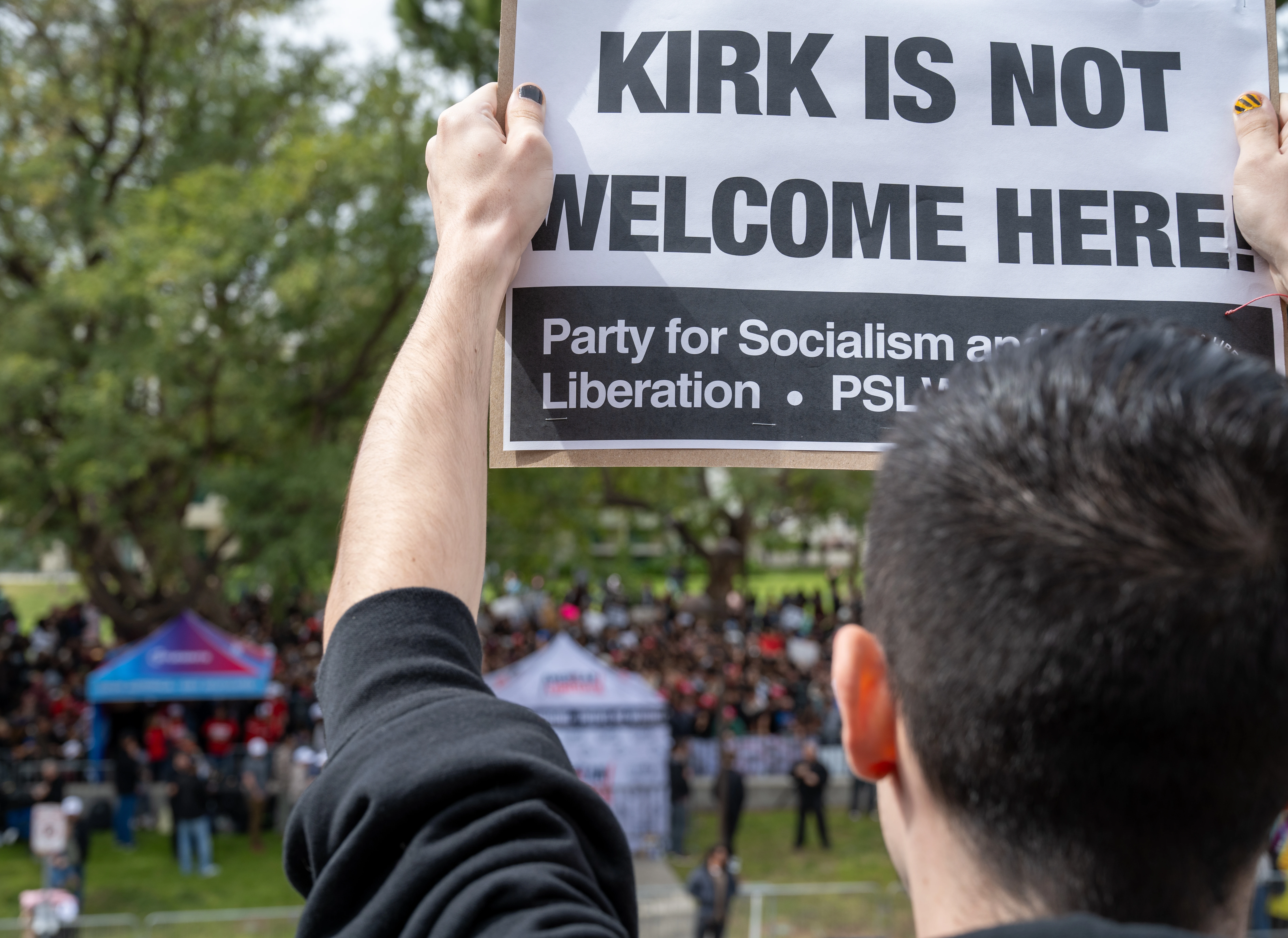 LOS ANGELES, CALF. — MARCH 6, 2025: A protesters against Turning Point USA’s “The American Comeback Tour” with Charlie Kirk on the campus of California State University, Northridge.