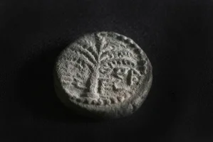 The rare coin. A date palm is engraved, with the inscription “Eleazar the Priest” inscribed in ancient Hebrew script (Photo: Emil Aladjem, Israel Antiquities Authority).