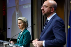 European Council President Charles Michel (R) and European Commission President Ursula von der Leyen deliver a joint press conference at the end of the first day of a European Union (EU) summit over video conference at The European Council Building in Brussels, Belgium, March 25, 2021 (Photo: Aris OIkonomou/ Pool via REUTERS).
