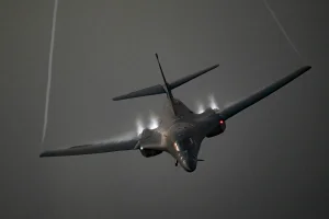 A U.S. Air Force B-1B Lancer flies over the Persian Gulf on a presence patrol above the U.S. Central Command’s area of responsibility Oct. 30, 2021 (Photo credit: USAF/Cover-Images.com / via Reuters).