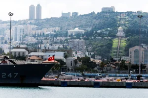 A Turkish naval frigate is seen berthed at the Haifa Port, with the Baha'i Gardens in the background, in Haifa, Israel September 4, 2022. REUTERS/ Amir Cohen