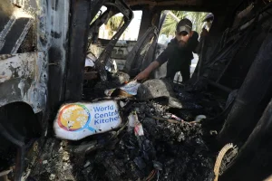 Palestinians inspect the heavily damaged vehicles after the attacks target officials working at the US-based international volunteer aid organization World Central Kitchen WCK, in Dair El-Balah, Gaza Strip, on April 02, 2024 (Photo: Omar Ashtawy apaimages/via REUTERS).