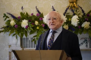 President of Ireland Michael D Higgins speaks at a reception at Aras an Uachtarain in Dublin, October 16, 2024. Photo: PA/Reuters.