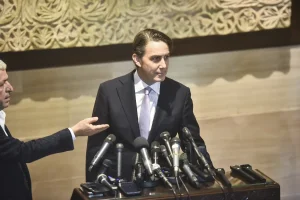 US special envoy Amos Hochstein talks to reporters following his meeting with Lebanese Parliament Speaker Nabih Berri in Beirut, Lebanon, on November 20, 2024. (Photo by Fadel Itani/NurPhoto)NO USE FRANCE