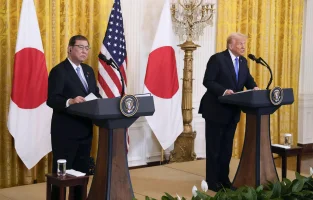Japanese Prime Minister Shigeru Ishiba (L) and U.S. President Donald Trump attend a joint press conference following their talks at the White House in Washington on Feb. 7, 2025. Photo: Reuters Connect