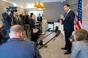 US Secretary of State Marco Rubio speaks to the media during a refueling stop at Shannon Airport in Shannon, Ireland, March 12, 2025, as he travels from talks with Ukraine in Saudi Arabia to attending a G7 Foreign Ministers meeting in Canada. SAUL LOEB/Pool via REUTERS