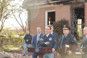 Pennsylvania Gov. Josh Shapiro speaks at a news conference at the governor’s official residence following a suspected arson attack on the property in Harrisburg, Pennsylvania, after a fire on Sunday, April 13, 2025. Photo: Commonwealth Media Services/ZUMA Press Wire via Reuters