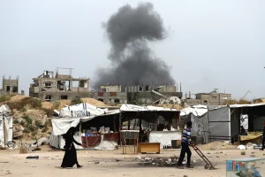 A smoke plume rises from Israeli bombardment on a building in Beit Lahia in the northern Gaza Strip on April 24, 2025. Photo by Ramez Habboub/ABACAPRESS.COM via Reuters