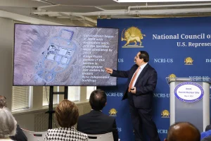 Alireza Jafarzadeh, Deputy Director of NCRI-US, speaks at a press conference held by the U.S. Representative Office of the National Council of Resistance of Iran on May 8, 2025, revealing new information about Iran’s secret nuclear facilities. (Photo: Reuters)