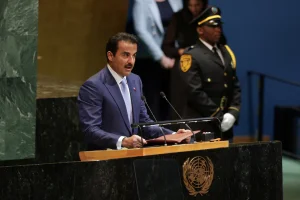 Qatar's Emir Sheikh Tamim bin Hamad Al Thani speaks during the 80th United Nations General Assembly, in New York City, New York, U.S., September 23, 2025. Photo: Reuters Connect by Jeenah Moon