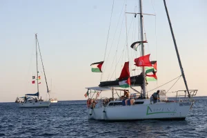Boats, part of the Global Sumud Flotilla aiming to reach Gaza and break Israel's naval blockade, sail off Koufonisi islet, Greece, September 26, 2025. Photo: Reuters Connect by Stefanos Rapanis