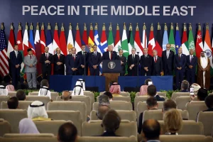 U.S. President Donald Trump speaks during a world leaders' summit on ending the Gaza war, amid a U.S.-brokered prisoner-hostage swap and ceasefire deal between Israel and Hamas, in Sharm el-Sheikh, Egypt, October 13, 2025. Photo: Yoan Valat/Pool via Reuters Connect