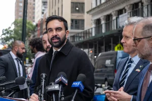 Mayoral candidate Zohran Mamdani speaks on proposed scaffolding policy he will aggressively pursue if he is elected as next mayor of the city during campaign stop on East 16th street with building covered with scaffoldings in New York, NY on October 20, 2025. He was joined by Manhattan Borough President Mark Levine, Senator Brad Hoylman-Sigal and Councilmember Keith Powers. Photo: Reuters Connect by Lev Radin