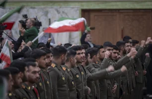 Cadets of the Iranian Army Ground Forces Officer Academy shout anti-U.S. and anti-Israeli slogans while taking part in a ceremony marking the 47th anniversary of the victory of Iran's Islamic Revolution at the shrine of Ayatollah Ruhollah Khomeini in the Behesht-e Zahra cemetery in southern Tehran, Iran, on February 1, 2026 Photo by Morteza Nikoubazl/NurPhoto via Reuters Connect