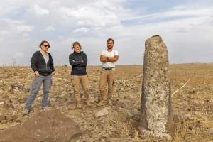 Archaeologists following the re-erection of the Roman milestones along the road (Courtesy and credit of/to: Michael Eisenberg).