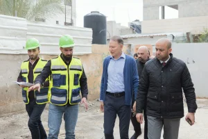 Bashar Masri during a tour of the Okba Jabbar and Ain Al-Sultan refugee camps, accompanied by Jericho and Jordan Valley Governor Dr. Hussein Hamail and engineers from Rawabi, February 12, 2025. Photo: Bashar Masri’s official Facebook page.