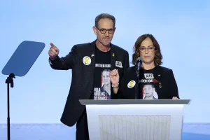 Ronen and Orna Neutra, the parents of U.S.-Israeli citizen Omer Neutra, held hostage in Gaza since October 7, speak during Day 3 of the Republican National Convention (RNC), at the Fiserv Forum in Milwaukee, Wisconsin, July 17, 2024. REUTERS/Mike Segar)