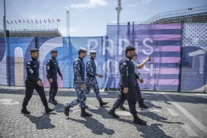 Members of the French Gendarmerie patrol with members of the Qatar police around sports facilities for the Paris 2024 Olympic Games in Place de la Concorde in Paris, France, 19 July 2024. (Photo: Eliot Blondet/ABACAPRESS.COM)