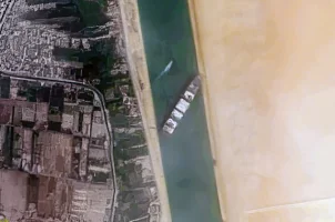 Container Ship 'Ever Given' stuck in the Suez Canal, Egypt - March 24, 2021. (Photo: Wikimedia Commons/Contains modified Copernicus Sentinel data [2021], processed by Pierre Markuse)