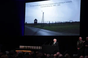 Irish President Michael D. Higgins speaks at the National Holocaust Memorial Day Commemoration at the Mansion House in Dublin, January 26, 2025. (President of Ireland/X)