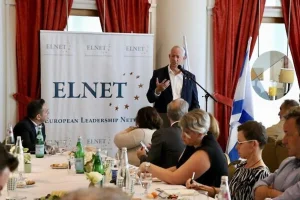 National Unity party chairman Benny Gantz speaking to European ambassadors in Israel, July 1, 2024. (Photo courtesy ELNET)
