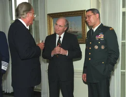 American Evangelist Billy Graham meets with General Colin Powell and Defense Secretary Dick Cheney during liberation of Kuwait in January 1991. (Photo credit: Franklin Graham Twitter feed)