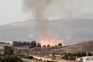 Fire from Hezbollah rocket barrage in Kiryat Shmona, northern Israel, July 13, 2024. (Photo: Screenshot)