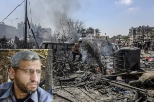 Palestinians inspect the damage after an Israeli airstrike in the Al-Mawasi area near Khan Younis, July 13, 2024. (Photo: Abed Rahim Khatib/dpa via Reuters)