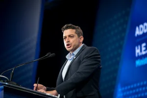Israeli minister of Diaspora Affairs Amichai Chikli speaks at the AJC Global Forum in Tel Aviv, on June 14, 2023. Photo by Miriam Alster/FLASH90