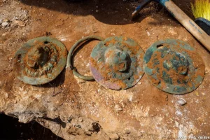 Three of the lion heads as they were discovered on the site. 26 June 2025. Photo: Israel Antiquities , by Assaf Peretz