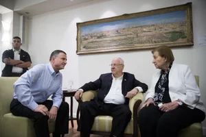 Reuma Weizman, widow of Israel's 7th President, and then-Knesset Chairman Yuli Edelstein speak with then-President Reuven Rivlin at the President’s Residence in Jerusalem on June 6, 2019. Photo: Hadas Parush/Flash90