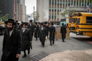 Ultra-Orthodox Jews protest outside the Israeli consulate in New York against Israeli government policies they say are discriminatory against religious Jews, New York City, on July 20, 2021. Photo by Luke Tress/Flash90