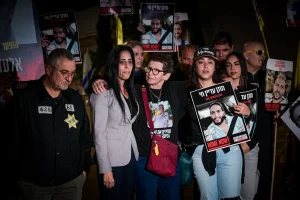 Relatives of Israelis held hostage by Hamas terrorists in Gaza hold a press conference in Tel Aviv on December 7, 2024. Photo by Avshalom