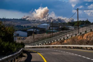 Smoke seen after an explosion in the village of Yaroun, Southern Lebanon, as seen from moshav Avivim, Northern Israel. Photo by Ayal Margolin/Flash90