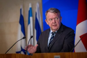 Minister of Foreign Affairs Gideon Saar with his Danish counterpart, Lars Lokke Rasmussen during a meeting at the Ministry of Foreign Affairs in Jerusalem on January 13, 2025. Photo by Chaim Goldberg/Flash90
