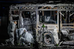 Israeli security forces at the scene of a possible bus bombing, in Bat Yam, central Israel, February 20, 2025. Photo by Chaim Goldberg/Flash90