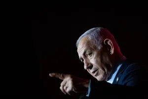 Israeli prime minister Benjamin Netanyahu speaks at the Jewish News Syndicate conference in Jerusalem, on April 27, 2025. Photo by Yonatan Sindel/Flash90