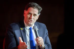Head of the negotiations for hostages release Minister Ron Dermer speaks at the Jewish News Syndicate conference in Jerusalem, on April 28, 2025. Photo by Chaim Goldberg/Flash90