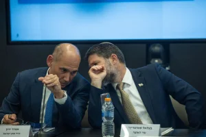 Israeli minister of Finance Bezalel Smotrich and Governor of the Bank of Israel Amir Yaron attend a press conference at the Ministry of Finance in Jerusalem on August 6, 2025. Photo by Yonatan Sindel/Flash90
