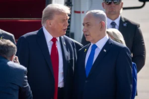 US president Donald Trump arrives at Ben Gurion Airport near Tel Aviv on October 13, 2025. Photo by Chaim Goldberg/Flash90