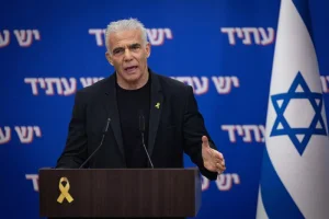 Head of opposition and head of the Yesh Atid party MK Yair Lapid leads a faction meeting at the Knesset, the Israeli parliament in Jerusalem, on October 27, 2025. Photo by Yonatan Sindel/Flash90