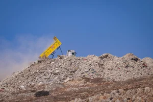 A truck unloads debris from houses destroyed in southern Lebanon during the recent war, as seen from the Israeli border with Lebanon, northern Israel, November 10, 2025. Photo by David Cohen/Flash90