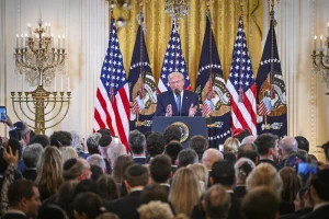 U.S. President Donald Trump attends a Hanukkah reception in the East Room of the White House in Washington, D.C., on December 16, 2025. Photo by Arie Leib Abrams/Flash90