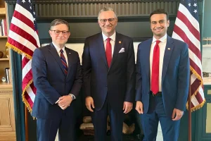 Speaker of the House Mike Johnson, Trump's new Middle East advisor Massad Boulos and Congressman-Elect for Arizona, Abe Hamadeh. Photo used under section 27A of the copyright law.