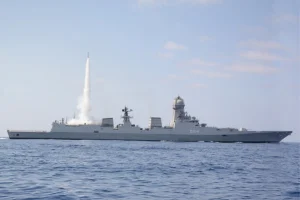 An Indian Naval Ship fires a Barak-8 Medium-Range Surface-to-Air Missile variant during a successful cooperative engagement test on the Western Seaboard. Photo: Wikimedia Commons.