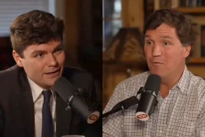 Nick Fuentes (left) being interviewed by Tucker Carlson (right) on Tucker's podcast