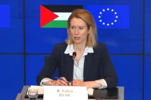 EU High Representative Kaja Kallas during a press conference following the first High-Level Dialogue with the Palestinian Authority, April 14, 2025. Photo: Screenshot, used under Section 27A of the copyright law.