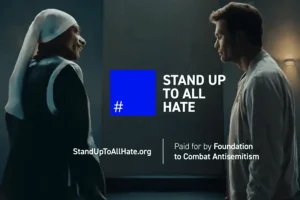 NFL star Tom Brady and rapper Snoop Dogg join the Foundation to Combat Antisemitism in a Super Bowl ad calling to “Stand Up to All Hate.” Photo: Screenshot from the ad, used under Section 27A of the Copyright Law.