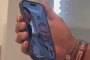 Screenshot from a video shared on social media showing Erling Haaland on a video call with Omer Shem Tov, April 16, 2025.