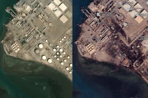 Before/after Google Map images of the port of Hodeidah, Yemen.